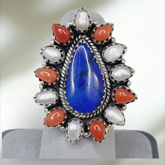 Handmade Adjustable Sterling Silver 925 Lapis Coral Pearl Statement Ring S7 - Picture 2 of 12